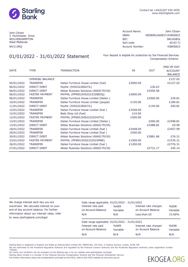 Modèle Word et PDF Starling du Royaume Uni, version 2